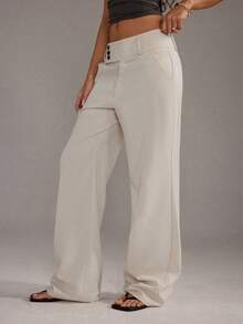 SHEIN PETITE 女士纯色口袋纽扣休闲百搭阔腿裤 - 杏色 - 查看 4