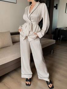 DAZY Women's Simple Contrast Trim Pajama Set, Autumn/Winter - Apricot - View 5