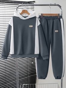 Vacaura 2pcs/Set Tween Boy Minimalist Stylish Patchwork Hoodie Sweatshirt And Patchwork Cuffed Pants, Silhouette, Comfortable Fabric, Suitable For School And Casual Wear, Autumn/Winter - Blue - View 3