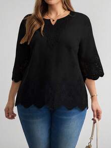 LUNE Blusa de verano de talla grande, de unicolor, hueca, bordada, casual, para vacaciones, temporada de bodas, nuevo diseño de playa para mujer - Negro - Ver 4