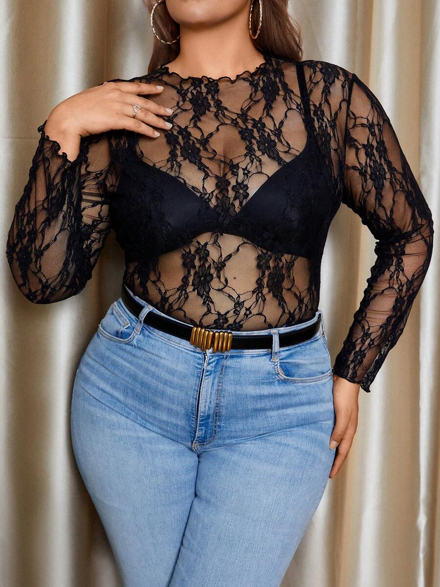 SHEIN Unity 大码女士性感透视蕾丝长袖圆领休闲修身弹力上衣，春秋季 - 黑色 - 查看 1