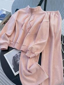 Franclia 2件套女士休闲运动拉链立领卫衣和裤子套装，秋季 - 粉色 - 查看 6