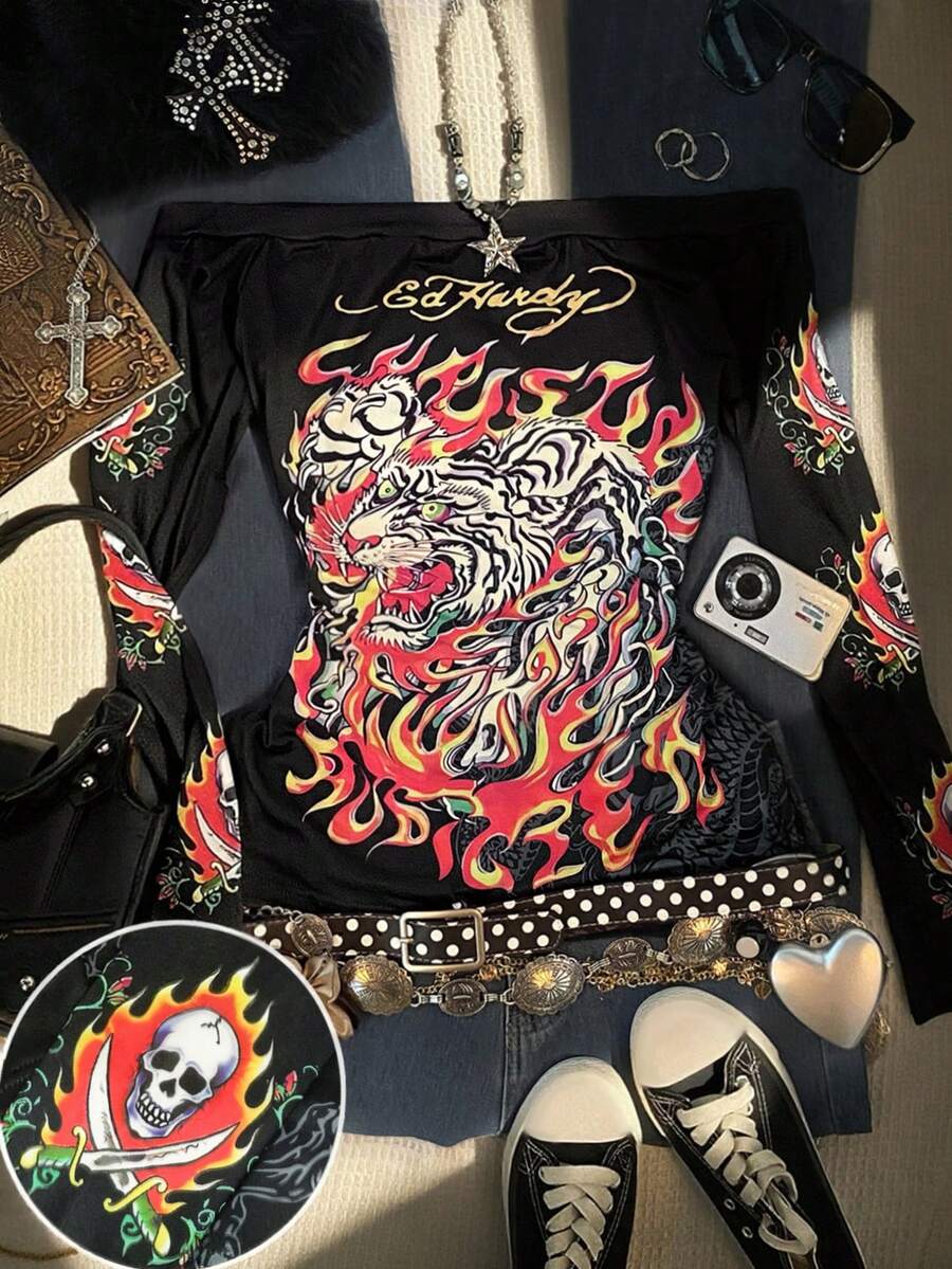 StreetHx Áo dài tay hở vai in họa tiết cá nhân thời trang Y2K dành cho nữ, Quần áo mùa thu dành cho nữ, Thời trang, Gái xinh Y2K - Nhiều màu - Xem 1