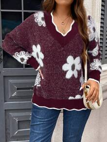 SHEIN LUNE Plus Size Colorblock 3D Floral Knit Pullover Sweater - Burgundy - View 3