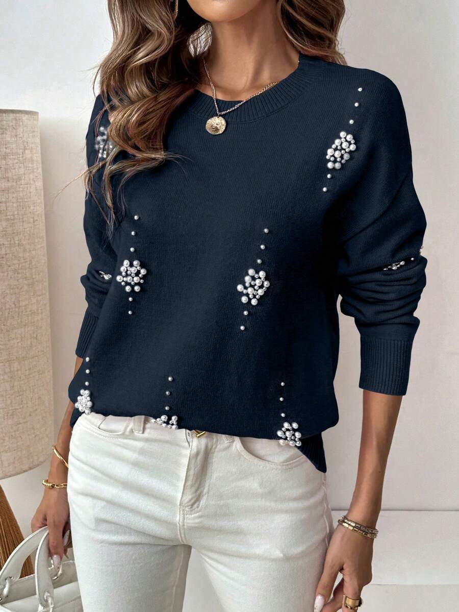 SHEIN LUNE 休闲柔软珍珠装饰女式毛衣 - 藏蓝色 - 查看 1