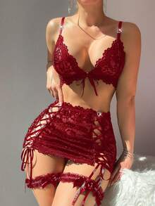 5pcs Sexy Lace Heart Buckle Garter Bodycon Dress Set With Ruffle Leg Cuffs - Burgundy - View 4
