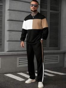 Manfinity Homme Men's Contrast Color Drop Shoulder Long Sleeve Loose Casual Pullover Sweatshirt Set Men's Two Pieces Set Tuxedo Men's Jogger Set Men Tracksuit Sets Men 2 Pieces Sweatsuit Hodddie Old Money,Daily Leisure, Weekend Trips, Outdoor Activities, Travel Expeditions, Relaxed Work Environments Or Semi-Formal Occasions, Boyfriend/Husband Gift, Anniversary /Birthday Gift Party Christmas New Years - Black - View 5