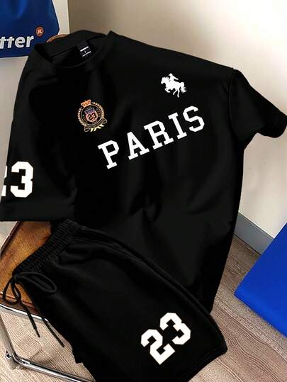 Manfinity Joysei Paris Equestrian Cowboy + Crown & Wheat Design Black Short Sleeve Shorts Sports Suit, Classic Retro Fashion Versatile Black Set, Unisex Polo Set For Men Men Black Two Piece Set