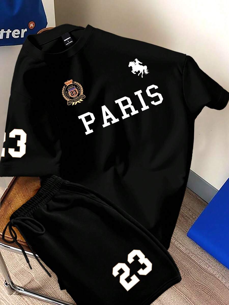 Manfinity Joysei Paris Equestrian Cowboy + Crown & Wheat Design Black Short Sleeve Shorts Sports Suit, Classic Retro Fashion Versatile Black Set, Unisex Polo Set For Men Men Black Two Piece Set - Black - View 1