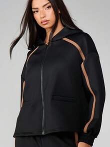 MISSGUIDED Zip Through Hoodie With Contrast Stripe Detail Long Sleeve Casual Fall Winter Streetwear Oversized Comfort Sweatshirt - Black - View 3
