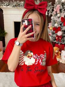 GraphicGems Camiseta de manga corta y cuello redondo para niñas, con estampados navideños de Papá Noel, caramelos, lazos y árboles de Navidad con estampado de leopardo, casual y de moda, adecuada para primavera y verano