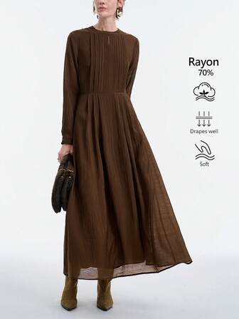Aalyst Women's Solid Color Sheer Lining Round Neck Dropped Waist Pleated Back Elastic Waist A-Line Long Sleeve Mocha Brown Maxi Dress, Elegant French Vintage Street Style Minimalist All-Match, Suitable For Winter, Halloween, Christmas, Thanksgiving, Afternoon Tea Party, Formal Occasions, Family Gatherings