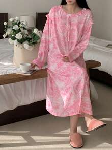 DAZY Tie-Dye Print Ruffle Trim Long Nightgown For Women - Pink - View 3