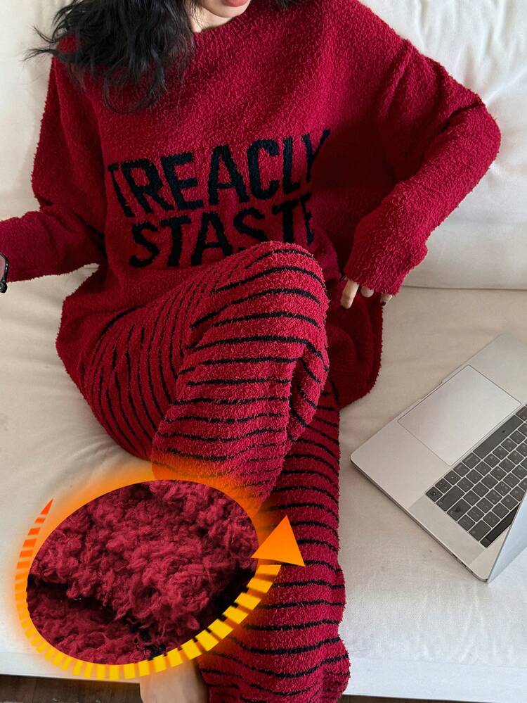 Women's Plush Letter Jacquard Knit Top And Striped Jacquard Pajama Pants Set, Winter