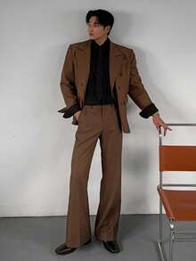 DAZY 男士棕色双排扣西装外套和阔腿西裤套装，秋季商务通勤装扮