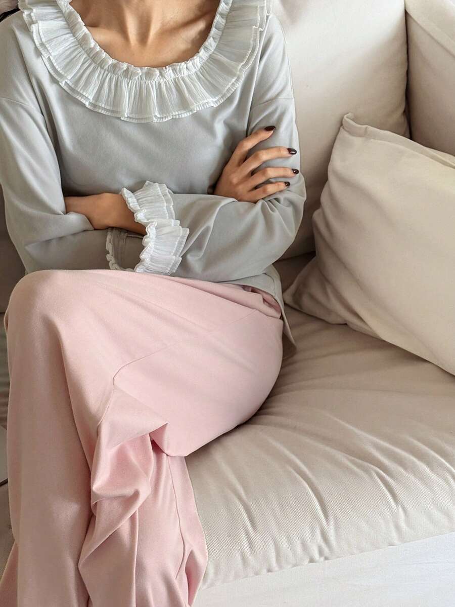 DAZY Conjunto de Pijama Feminino Solto com Babado de Cor Contrastante