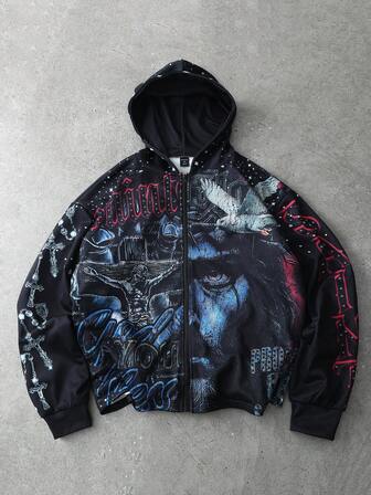 Street Life Herren Kapuzenjacke mit Reißverschluss, auffallender Grafik-Muster mit dunkler Religion, Reißverschlussdesign für einfaches An- und Ausziehen, locker & bequem, geeignet für Veranstaltungen, Straßenausflüge, ein Muss für Männer