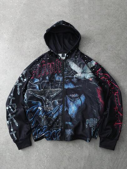 Street Life Men's Hooded Zip-Up Jacket, Eye-Catching Dark Religion Graphic Print, Zipper Design For Easy Wear