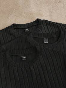 Manfinity VCAY Men's Black Summer Basic Casual Work Knitted Solid Color Ribbed Short Sleeve Turtleneck T-Shirt Pack,Cotton Knit Tops For Man - Black - View 4