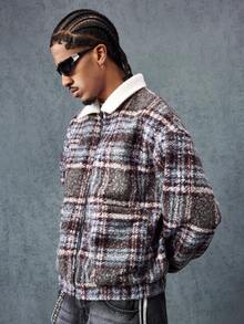 ROMWE MEN Casual 男士秋冬字母格纹印花双面拉链休闲长袖外套 - 藏蓝色 - 查看 7