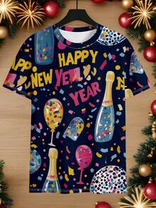 Manfinity Homme 男士休闲日常通勤百搭新年香槟印花宽松T恤，夏季 - 彩色 - 查看 2