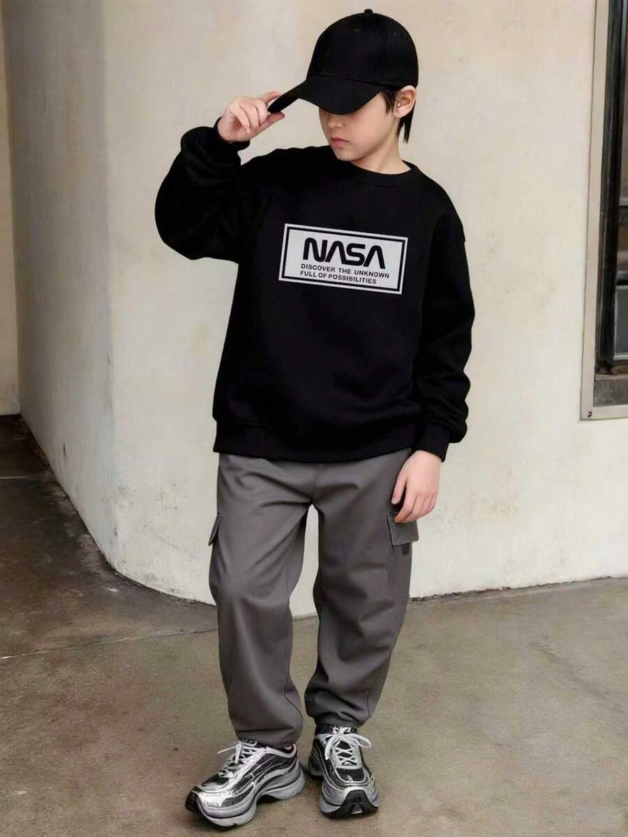 Mirajuku 2 件套青少年男童字母印花卫衣和梭织长裤休闲运动套装，秋冬 - 灰色 - 查看 1