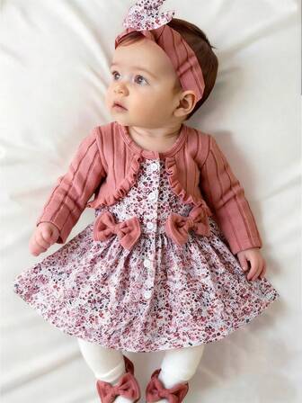 SHEIN Newborn Baby Girl Pink Bow Lace Long Sleeved Patchwork Plaid Dress And Same Color Headband Autumn And Winter New Fabric Comfortable Style Novel