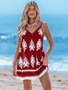 Sylviya Vestido estilo deslizador azul con estampado retro de primavera para mujer - Rojo - Ver 1