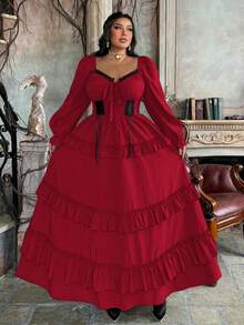 Flirla Vestido elegante con volantes en el bajo, estilo vintage de princesa medieval, adecuado para otoño, invierno y primavera, tallas grandes - Burdeos - Ver 6
