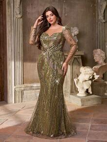 Aureia فستان أنيق فاخر مطرز بالترتر الأخضر مع فتحة رقبة، أكمام طويلة، قصة ذيل حورية البحر، مناسب للمناسبات الرسمية، الحفلات، المواعيد، الزفاف، السهرات، العطلات، بداية العام الدراسي