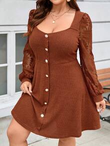EMERY ROSE 大码女式纯色网纱刺绣拼接针织毛绒罗纹圆领长袖A字休闲短裙 - 棕色 - 查看 4