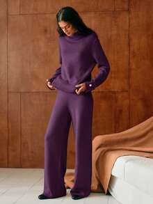 MOTF PREMIUM 纽扣装饰毛衣和针织裤套装 - 紫色 - 查看 6