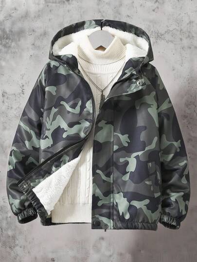 SHEIN Vacaura Tween Boy 迷彩印花连帽保暖内衬派克大衣，户外运动休闲，秋冬