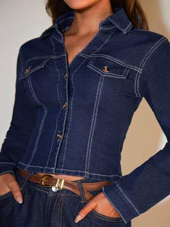 COSMINA ملابس علوية جينز نسائي أنيق بأكمام طويلة وياقة زر، تصميم بسيط وأنيق مناسب للارتداء في الربيع والخريف، ملابس علوية جينز كاجوال للارتداء اليومي والمطارات، ملابس علوية جينز أزرق بأكمام طويلة، ملابس علوية جينز.