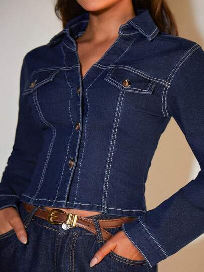 COSMINA Women's Fashionable Solid Color Regular Shoulder Long Sleeve Slim-Fit Short Denim Top, Button Placket Design, Elegant Denim Top, Suitable For Spring And Autumn Wear, Casual Denim Top, Everyday Wear, Airport Outfits, Blue Long-Sleeved Denim Top, Denim Top.