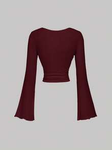 SHEIN MOD Damski, swobodny, minimalistyczny zestaw koszulek z rozszerzanymi rękawami i kolorowymi blokami, jesień - Burgund - Zobacz 6