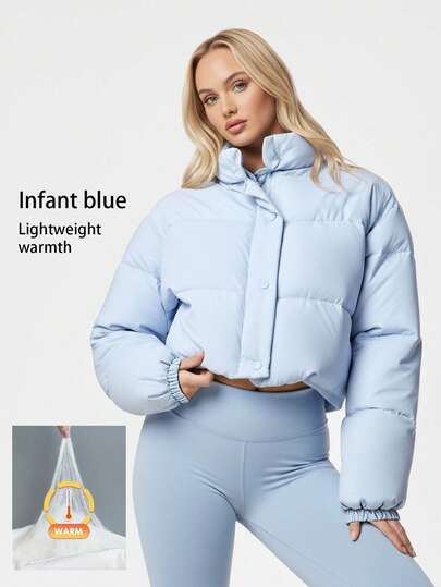 Menodora SHEIN Sport 女士休闲日常通勤简约纯蓝色高领短款棉服外套，秋冬