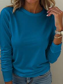 EMERY ROSE A Large-Sized Duck Blue Round-Neck Long-Sleeved T-Shirt, Comfortable And Versatile - Teal Blue - View 1