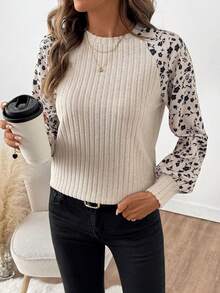 SHEIN Clasi 女士罗纹印花优雅长袖上衣 - 米色 - 查看 7