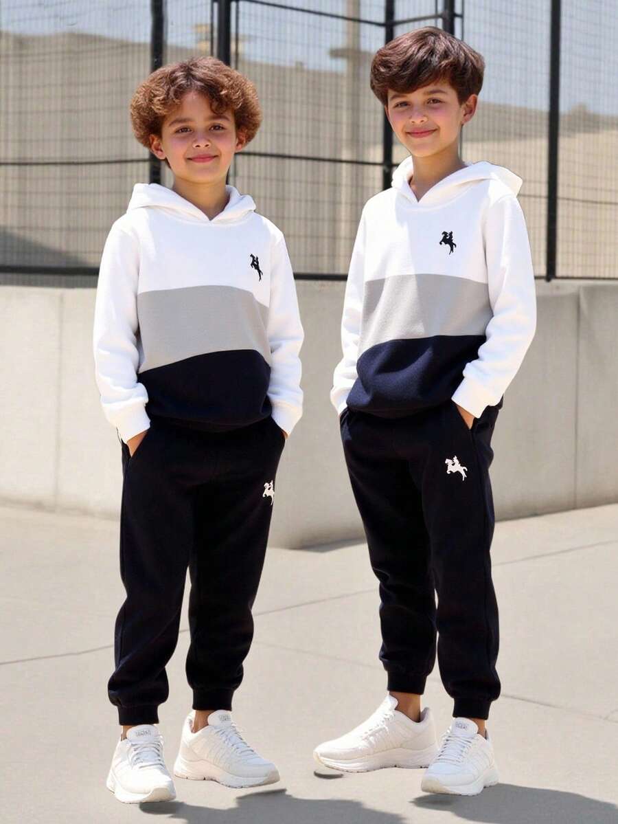 Vacaura 2 Stücke Jungen Lässig Kapuzen Patchwork Sweatshirt und Kordelzug Jogginghose Set - Verschiedenfarbig - Übersicht 1