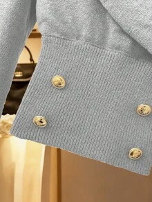 Franclia Women's Autumn Elegant Office Crossover Collar Gold Metal Button Knit Pullover Sweater,Formal Fashion Drop Shoulder Long Sleeve Solid Crop Cardigan - Light Grey - View 6