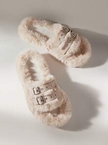 Solecia Women's Fluffy Adjustable Strap Thick Sole Home Slippers For Christmas - Khaki - View 6