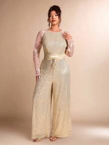 Allurite 大码女式刺绣串珠系带长袖连体裤，适合约会、派对、宴会等场合 - 杏色 - 查看 5