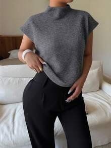 Dripcurv 女士加大码灰色优雅高领宽松休闲百搭无袖针织背心，秋冬季必备 - 深灰色 - 查看 1