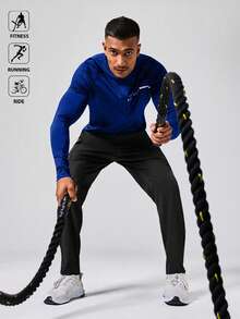 Acti Log 男士字母印花半拉链立领插肩袖修身运动T恤，适合健身、跑步、骑行等运动，男士压缩衣 - 藍色 - 查看 4