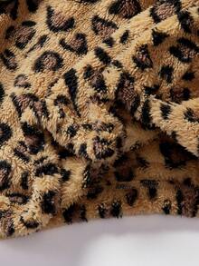 SHEIN Serisse Kids 少女休闲豹纹双面抓绒立领半拉链贴袋宽松长袖卫衣，秋冬款 - 卡其色 - 查看 10