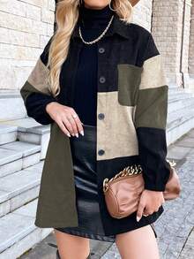 EMERY ROSE Chaqueta de mujer de manga larga, cuello de camisa, de un solo pecho, con bolsillo y contraste de color, para otoño/invierno