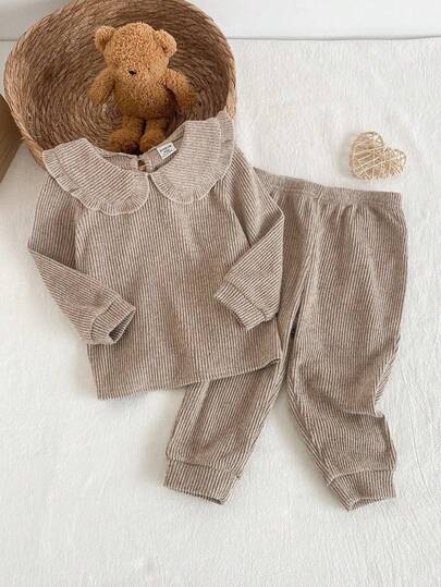 SHEIN Genkimix Kids 2件套女婴休闲纯色可爱彼得潘领长袖上衣和裤子家居服套装