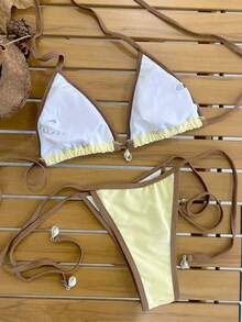 Swim Mod 两件套女士沙滩装，时尚可爱，适合度假、海滩、派对、游艇等场合，纯色搭配撞色贝壳装饰，可调节露背挂脖三角比基尼上衣和侧系带比基尼泳裤套装 - 彩色 - 查看 2