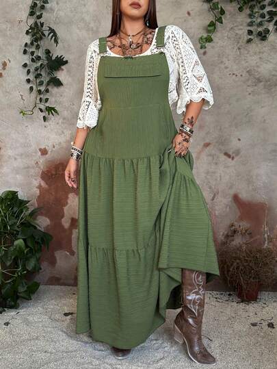 Whyspr Grunge Punk Spring, Fall, Winter, Spring/Fall, Fall/Winter Fashion Simple Versatile Textured Military Green Jumpsuit Dress, Minimalist Design Slimming Fake Pocket Vintage Antique Bronze Button French Casual Long Dress